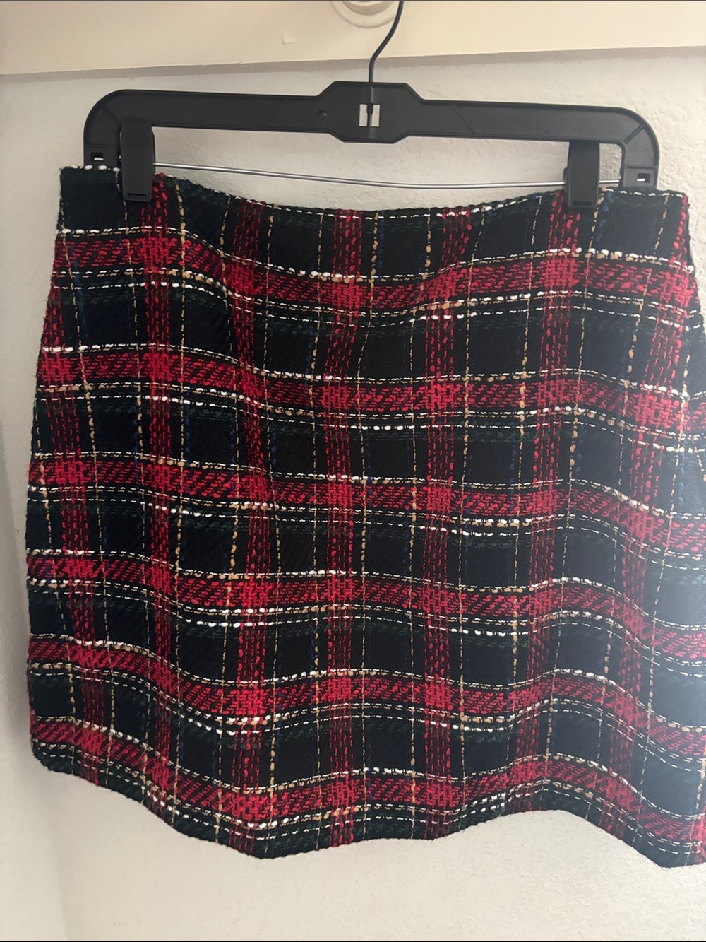 LOFT Red and Black Plaid Tweed Mini Skirt